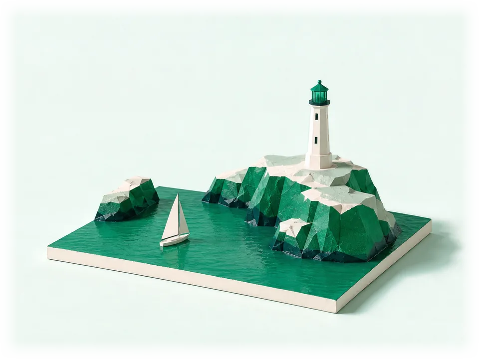 Model of a white lighthouse with an emerald lantern on a rocky headland at the harbour entrance, a sailing boat heading in