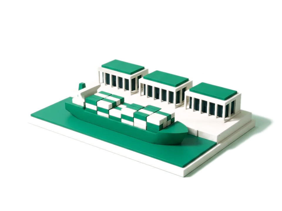 Model of a harbour: an emerald container ship with containers at the quay, behind it three white buildings with colonnades and green roofs