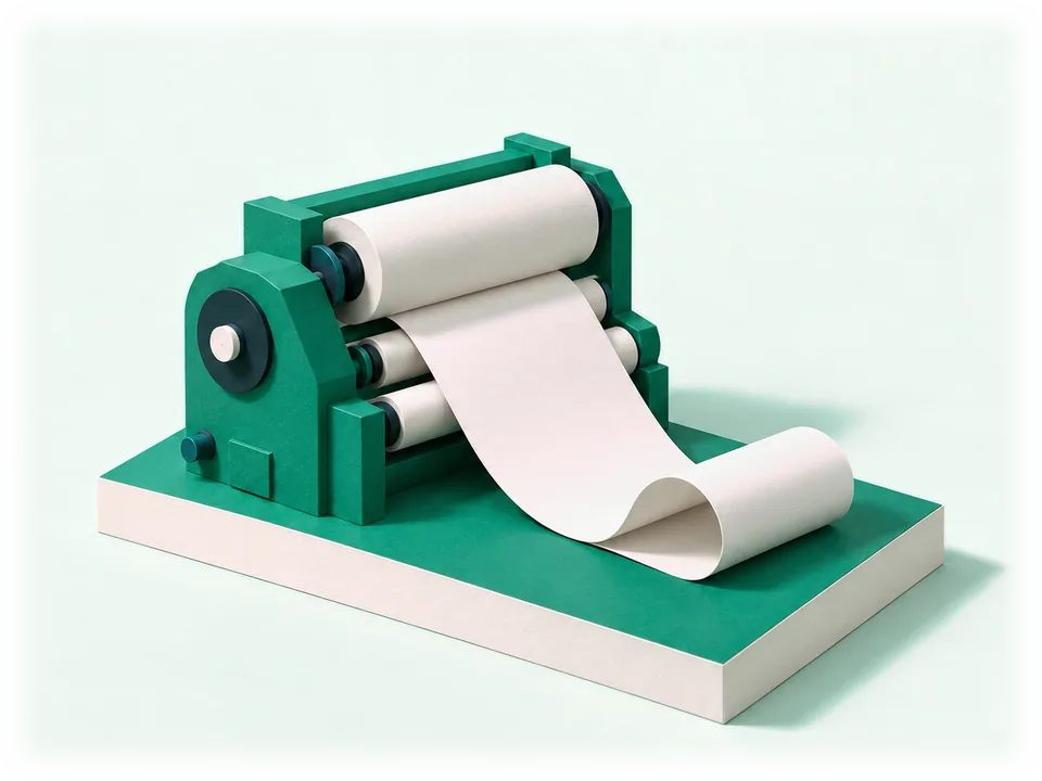 Model of a rotary printing press: large rollers feed out a long ribbon of blank paper that coils up on a stand