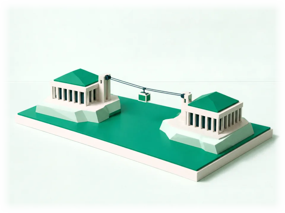 Model of two government buildings on separate islands: a cable car line between them carrying a closed box
