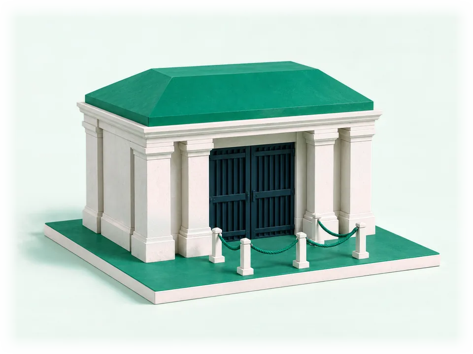 Model of a bank with heavy gates locked at the entrance, an empty queue barrier of posts with emerald ropes in front of it