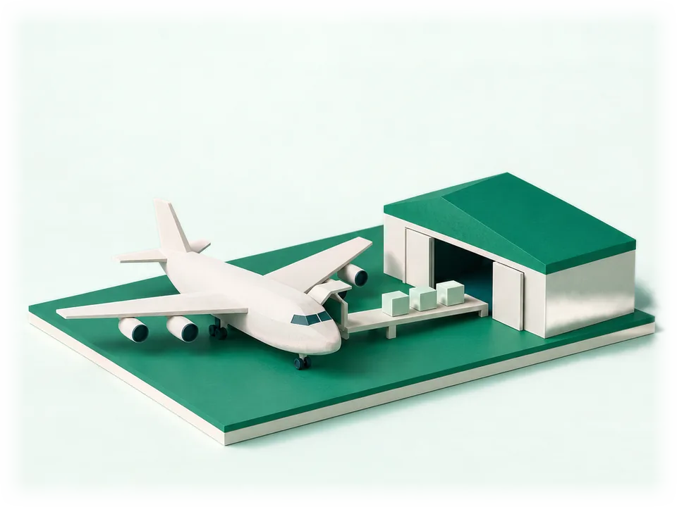 Model of a cargo plane by a warehouse with its hangar doors open, three crates on the loading ramp between them
