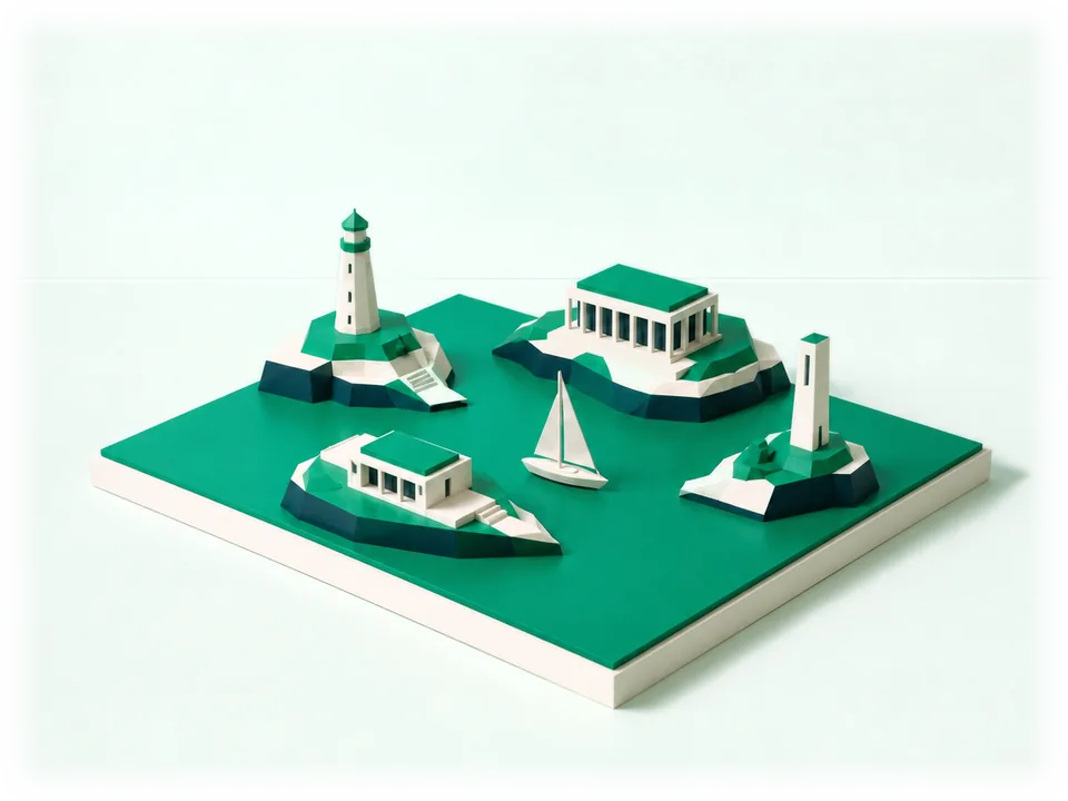 Model of an archipelago: four islands in an emerald sea, each with its own building (a lighthouse, a colonnade, a tower and a villa), a yacht between them