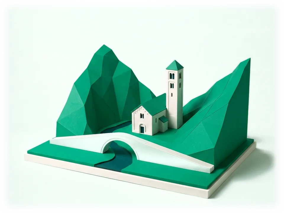 Model of a Romanesque stone church with a square bell tower in a narrow valley between steep mountains, an arched bridge in front of it