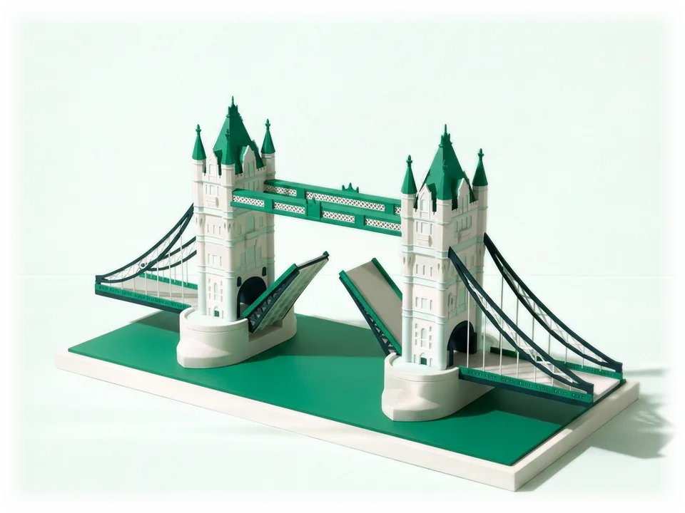 Model of Tower Bridge over the river: two tall Gothic towers with upper walkways, both road spans raised