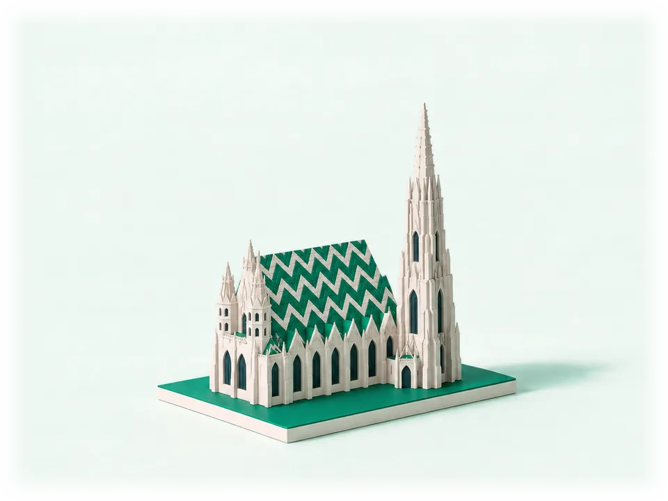 Model of St. Stephen’s Cathedral in Vienna with a steep roof in an emerald and white zigzag and one tall Gothic spire