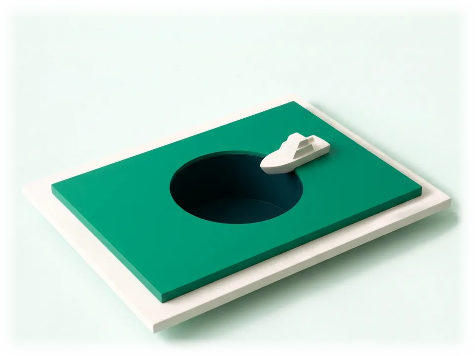 Model of the Great Blue Hole of Belize: a perfectly round dark sinkhole in an emerald reef, a white dive boat at its edge