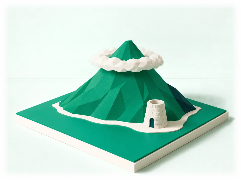 Model of the cone-shaped volcanic island of Nevis with a ring of cloud near the summit and a round stone sugar mill tower