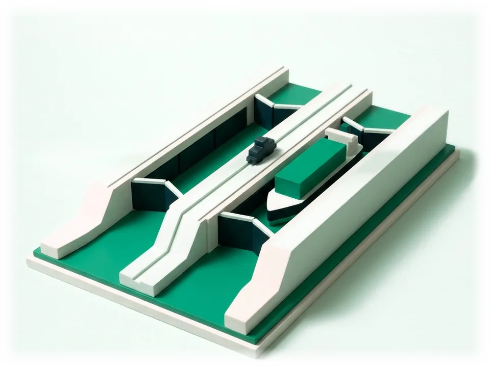 Model of the Panama Canal locks: two parallel chambers with massive gates, a large cargo ship in one of them