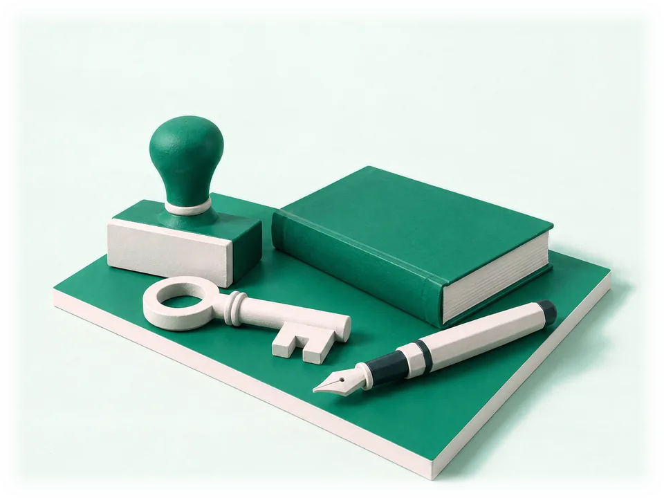 Model of a working set: a large seal, an antique key, a thick closed ledger and a fountain pen on an emerald stand