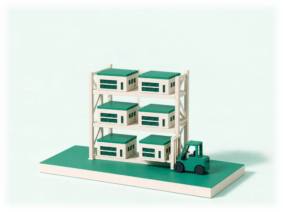 Model of a warehouse rack with six identical ready-made buildings on the shelves, a forklift lifting one building off the bottom shelf