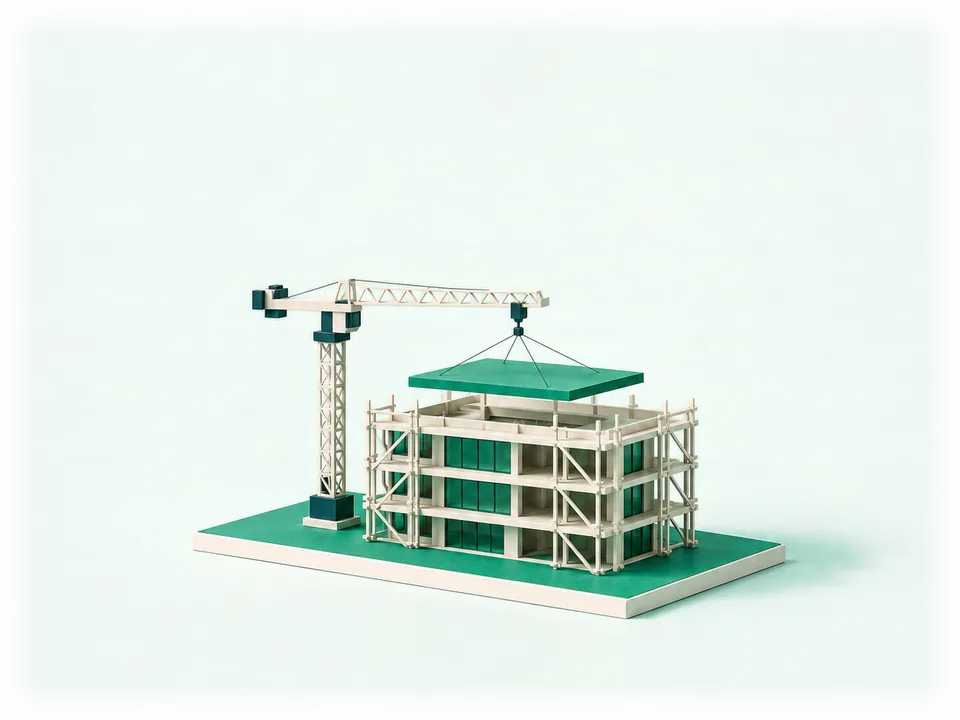 Model of an office building under construction in scaffolding: a tower crane lifts the last emerald roof slab into place