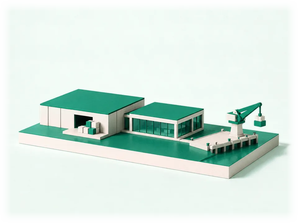 Model of three kinds of business on one stand: a warehouse with crates at a loading ramp, a glass office studio and a quay with a cargo crane