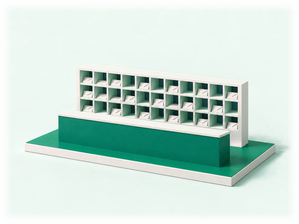 Model of an office lobby: a long reception desk, behind it a large rack of pigeonholes holding white envelopes